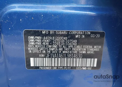 2020 Subaru Wrx из США, поврежденный, VIN JF1VA1A61L9814630